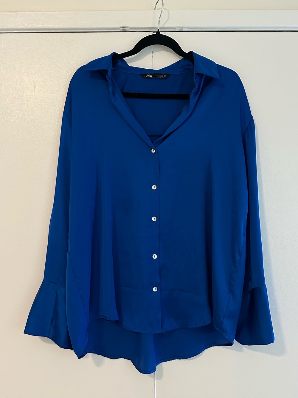 Zara Cobalt Blue Satin Button-Down Shirt